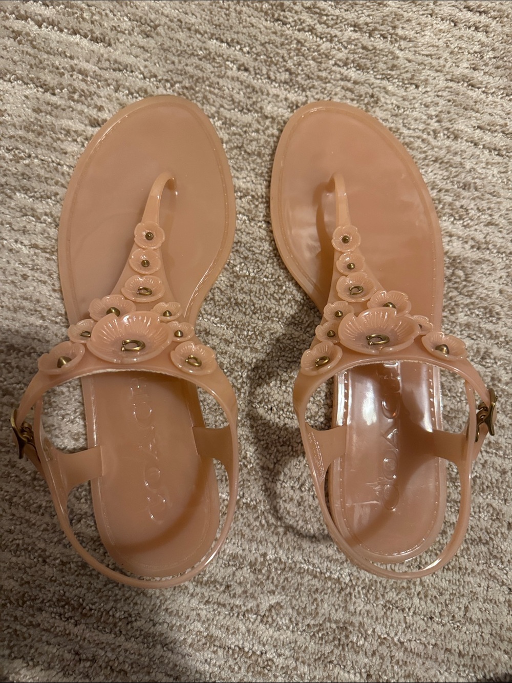Coach Blush Pink Jelly T-Strap Sandals with Floral Accents sz 9